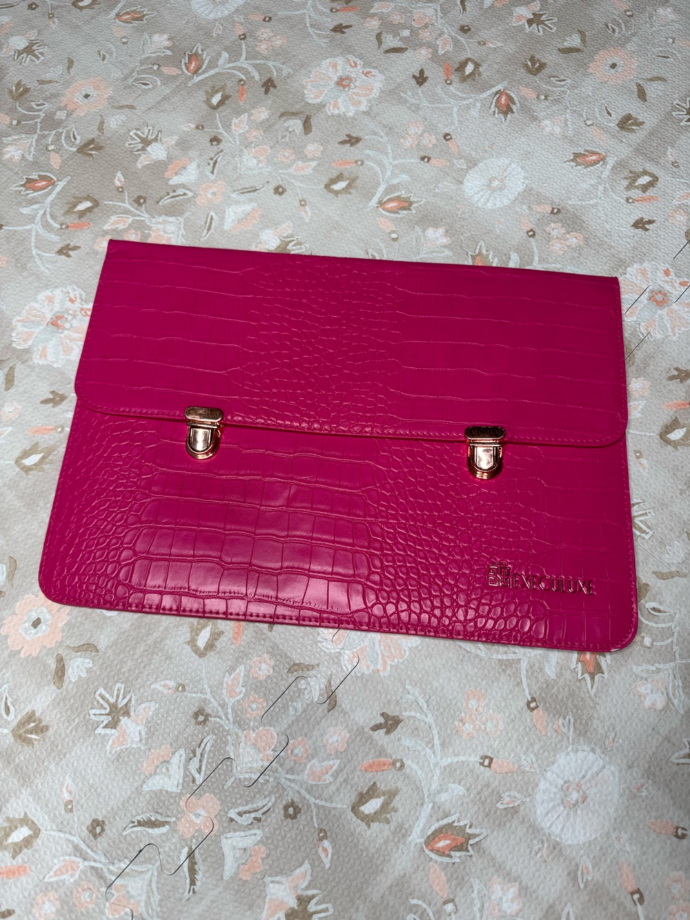 Fuchsia Croc-Embossed Clutch with Gold Hardware by